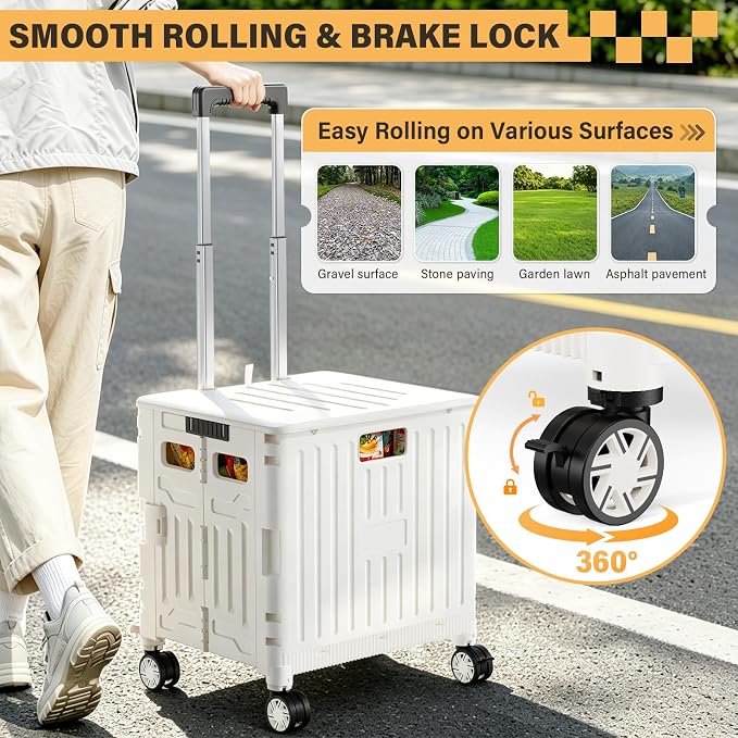 SUNALLY Folding Utility Cart Rolling Crate Handcart Shopping Trolley, White | Lockable Collapsible Tool Box with Lid, Rolling Crate With Wheels for Grocery, Travel, Garden, Shop, Office, Luggage, Teacher