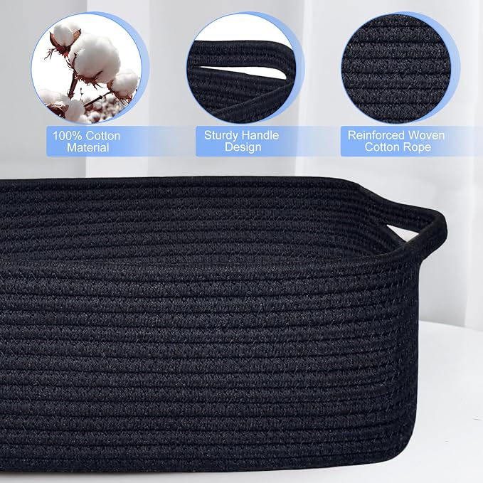 ABenkle Small Storage Basket with Handles, Cotton Rope Woven Dog Cat Toy Bin, Decorative Shelves Closet Organizing for Nursery Laundry Bedroom Bathroom, 14.2''x 11''x 5.1''