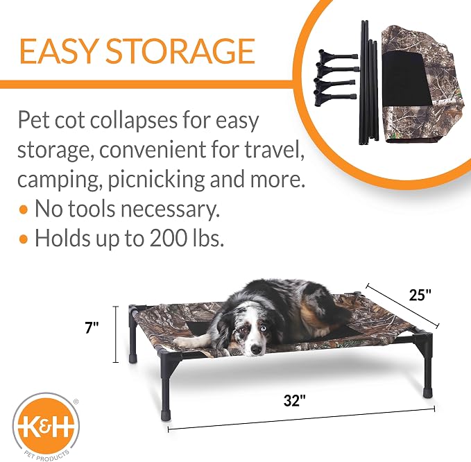 K&H Outdoor Elevated Dog Bed, Cooling Raised Dog Bed, Camo, Medium 32x25in | Pet Cot for Medium & Large Pets, Breathable Mesh Center Hammock Design, Indoor/Outdoor Washable Cover, 32x25in
