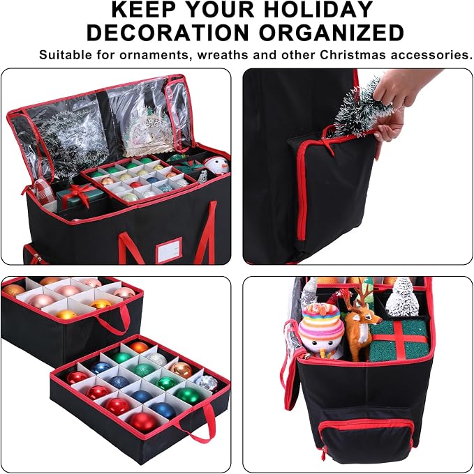 Large 2-in-1 Christmas Ornament Storage Box - High Capacity Storage, Easy Organization Protect Your Holiday Decorations (Black)