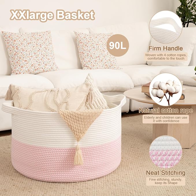 OIAHOMY 90L XXXLarge Blanket Basket for Living Room, 21.7" x 13.8" Woven Cotton Rope Laundry Basket for Organizing Pillows, Decorative Stuffed Animal Toy Storage for Nursery, White and Pink