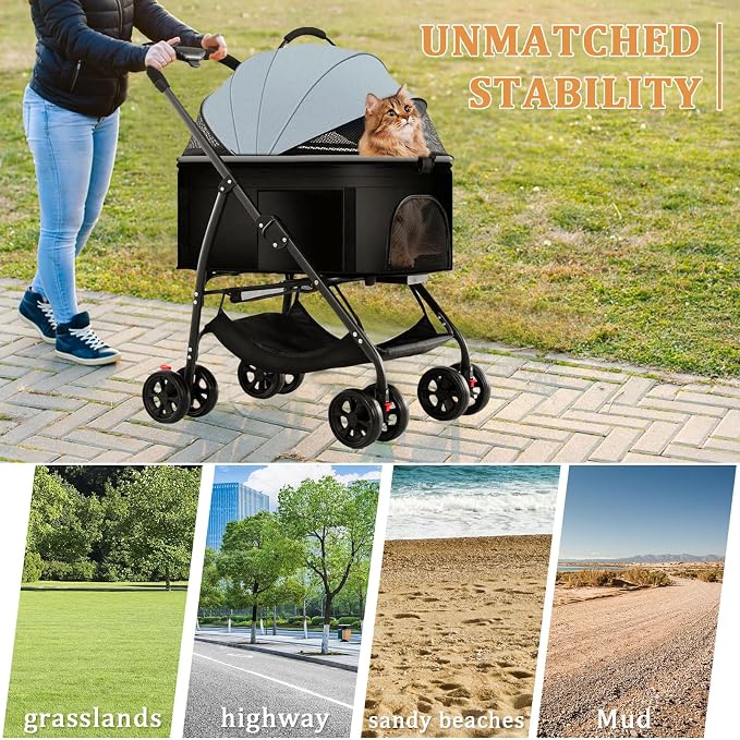 3 in 1 Pet Stroller for Dogs Cats Foldable Jogger with Detachable Carrier