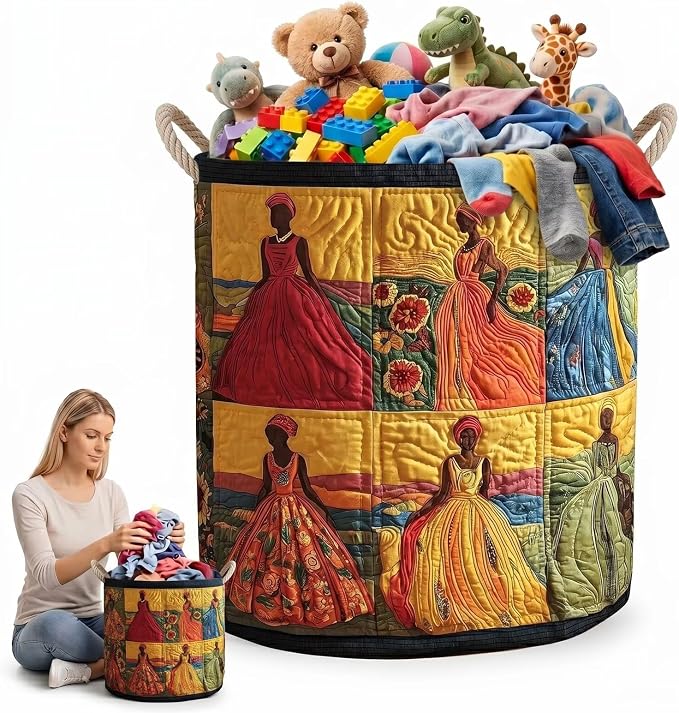 Laundry Basket Quilted Dress Pattern Clothes Hamper Tribal Art Canvas Toy Storage Bin Fabric Blanket Organizer Bag(14"x 18")