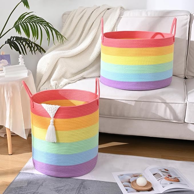 67L Large Rainbow Blanket Basket, Cotton Rope Baby Laundry Hamper with Handles, Kids Toy Basket for Classroom & Nursery, Soft Round Stuffed Animal Storage, Dog Toy Bin - 20"x13", Rainbow