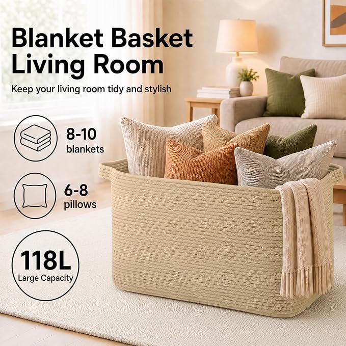 OIASKET 118L Extra Large Blanket Basket Living Room, 24.8"x17.7"x16.2" | Woven Rope Baskets for Storage, Nursery Blanket Storage for Living Room, Toy Basket with Handle Organizing Comforter Pillows