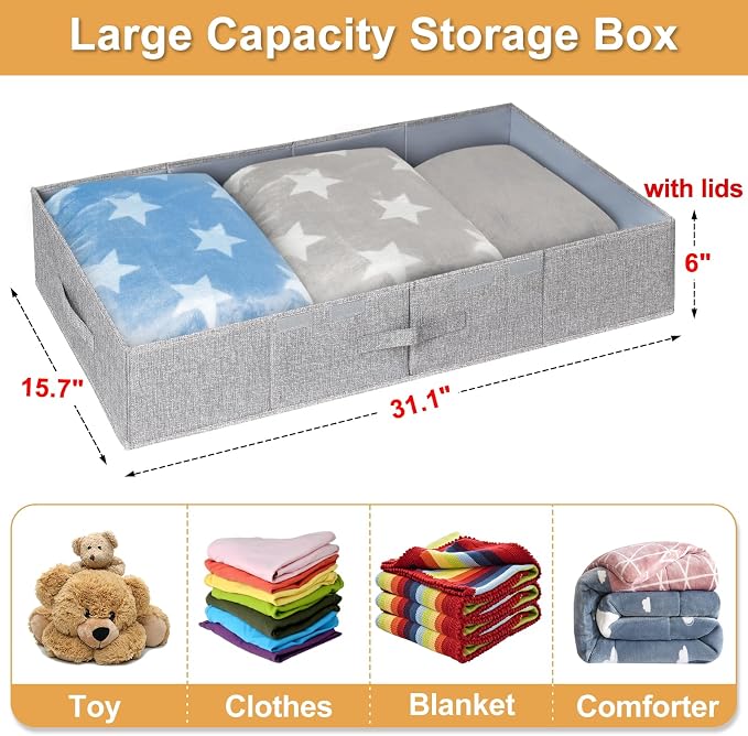 punemi 6 in Tall Under Bed Storage Containers with Firm Sides, 3Pack, Grey | Firm Sides, Top &Bottom, Stackable Design, for Blankets, Clothes & Toys, Underbed & Closet Organization