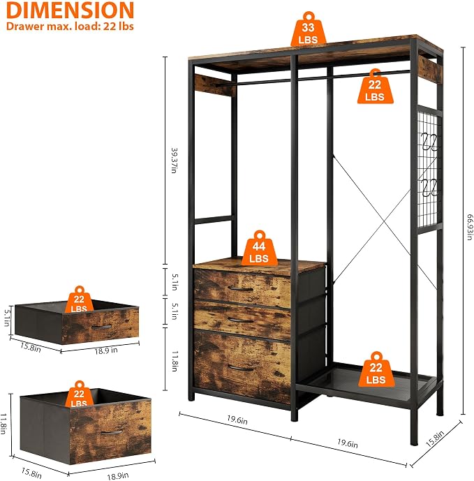 Heavy Duty Clothes Rack with 3 Drawers & LED Light, Garment Rack with 3 Shelves, Free Standing Wardrobe Organizer with 8 Hooks for Bedroom, Small Space, Garming Room（37.8"W x 66.93"H, Rustic Brown）