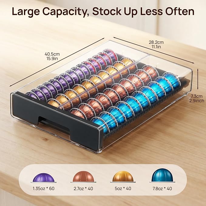Vtopmart Coffee Pod Drawer Organizer for Nespresso Vertuo Pods | Holds 40 Large or 60 Small Capsules，Clear Acrylic Design, Visible Pod Inventory, Durable & Anti-Slip Drawer