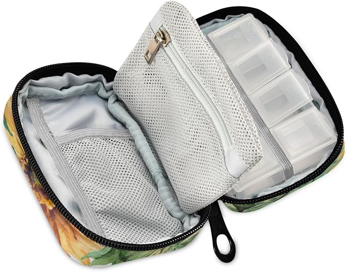 Custom Pill Box 7 Day Pill Case Bag Sunflower Personalized Name Travel Pill Organizer Bag with Zipper Portable Weekly Case Compact Size for Vitamin Supplement Holder