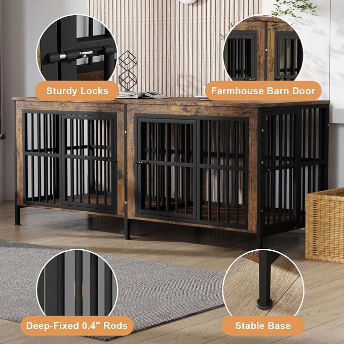 78" Double Dog Crate Furniture for Medium/Large Dogs, Brown | Thick wood, heavy-duty steel, 4-door escape-proof locks, waterproof scratch-resistant, extra-large, stylish, easy assembly