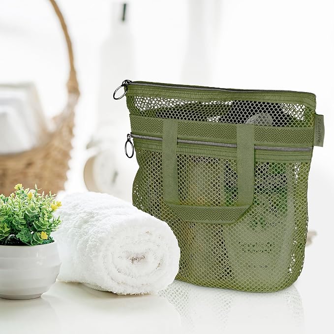 Mesh Shower Bag 10.2x9.9'' Quick-Dry Caddy with Zipper & 2 Pockets. Portable Toiletry Tote for Bathroom, Gym, Travel, Camp, Beach, for Sunscreen, Dorm & College Essentials (Olive Green)