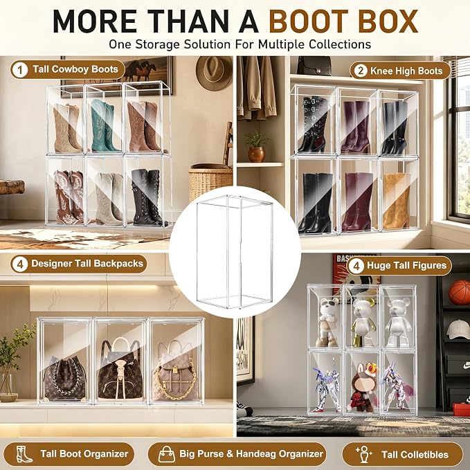 Boot Organizer for Extra Tall Boots, 23.6'' Stackable Acrylic Display Case | Clear magnetic door.Keep tall boots upright.Ideal for knee-high and riding boots,fashion boots,tall collectible,1 Pack