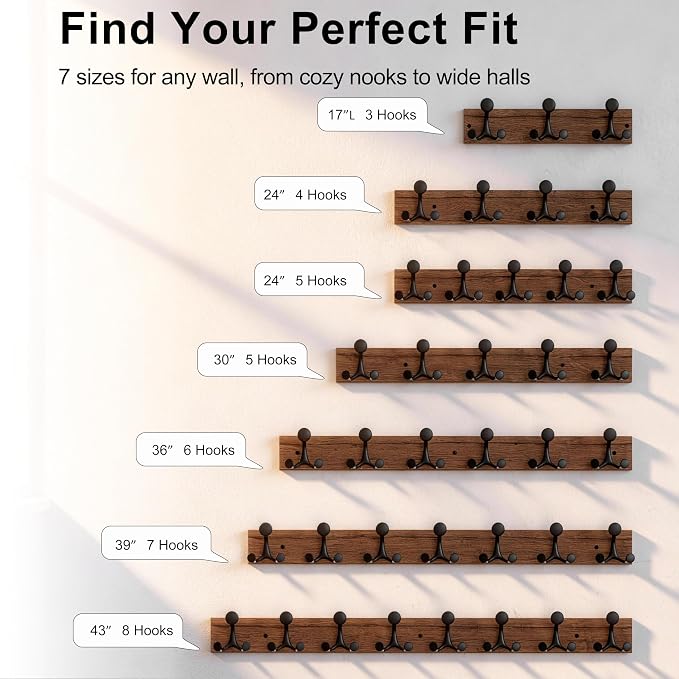 SKOLOO 30-Inch Wood Coat Rack Wall Mount with 5 Triple Hooks - Ideal for Family Entrances, Classrooms, and Pet Supplies Storage - Perfect Coat Hooks for Wall,Charred Golden Brown, Pack of 2