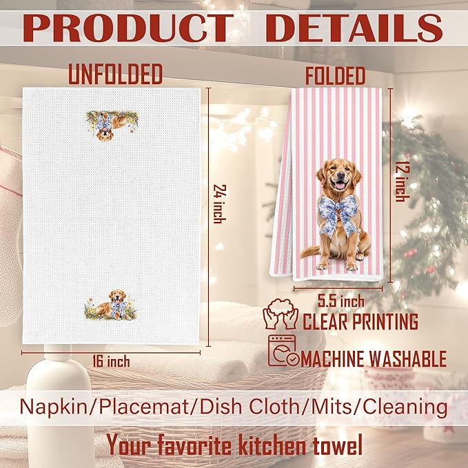 Golden Retriever Gifts Kitchen Towels, Pink and White Chinoiserie Bow Golden Retriever Dish Tea Towels, Grandmillennial Floral Dog Decorative Hand Towel for Bathroom, 16x24 Inch Set of 2