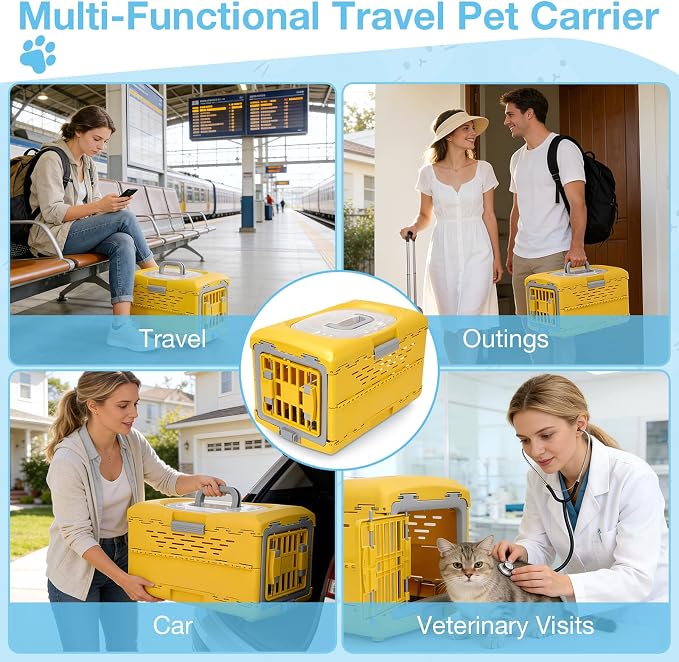 Collapsible Pet Carrier for Cat, Plastic Cat Carrier Hard for Travel | 360° Airflow, Secure Lock, Pet Crate Up to 13 LBS, Fit for Camping & Vet Visits, 18.9" L x 11.8" W x 12.6" H