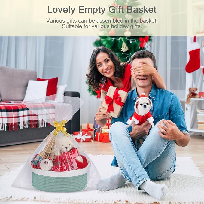 Small Empty Gift Basket with Bag & Ribbons, White & Light Green | 12“x8”x5”, Cotton Rope Woven Basket for Birthdays, Baby Showers, Mother's Day, Christmas; Stores Small Items, Kids & Pet Toys
