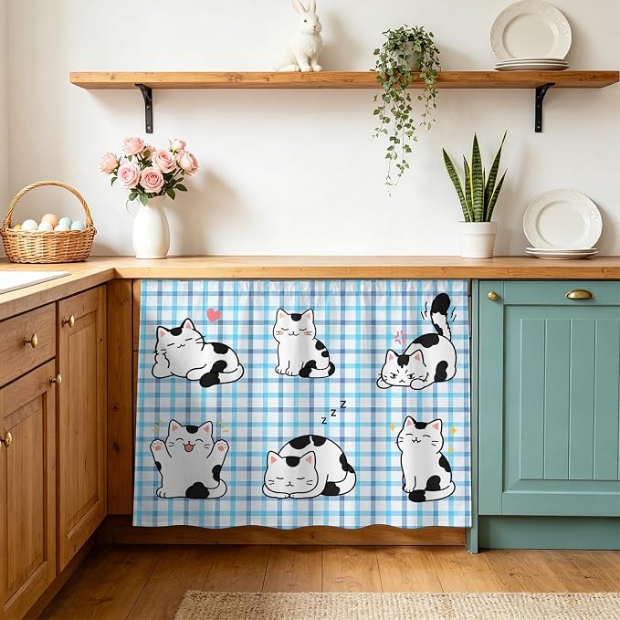 Cute Cat Sink Skirt 11"Wx13"L,Dustproof Under Sink Curtain with Self Adhesive Tape,Modern Playful Pet Cats Blue Purple Plaid Cabinet Curtain Cover for Bathroom Vanity,RV,Kitchen Cabinet Storage Shelf
