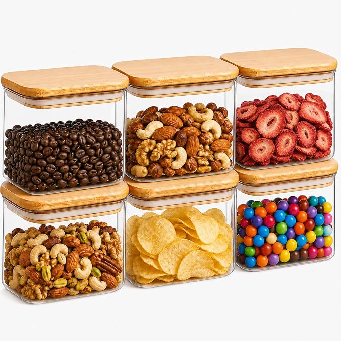 ComSaf Small Glass Containers with Lids 0.7 Qt, Set of 6 Glass Storage Jars | Rectangle Glass Pantry Storage Container, Kitchen Canister, Cookie, Snack Station Organization, Size For Subpackage, BPA Free