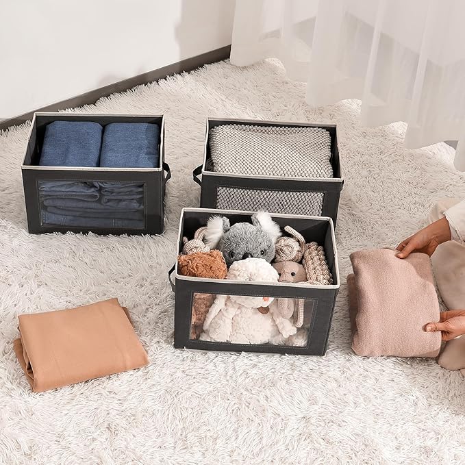 Storage Bins with Lids - Fabric Storage Boxe with Window, Collapsible Closet Organizers with Handles, 9 Pack Decorative Bin, Home Cubes Baskets for Clothes, Hat, Books, Dark Grey