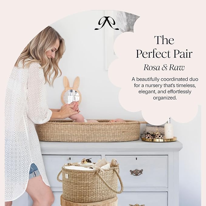 BEBE BASK Premium Baby Diaper Caddy Organizer Basket with Cotton Divider | Handmade & Award-Winner, Seagrass Caddy Basket, Newborn Essentials, Nursery Basket, Removable Divider, Baby Shower (ROSA)