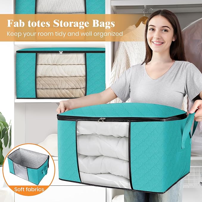 8 Pack Storage Bags for Clothes Blanket Storage Bins with Lids | Foldable Closet Organizers with Zippers,Window and Handles,Fabric Storage Bins for Sweater,Comforter,Bedding,Dorm essentials