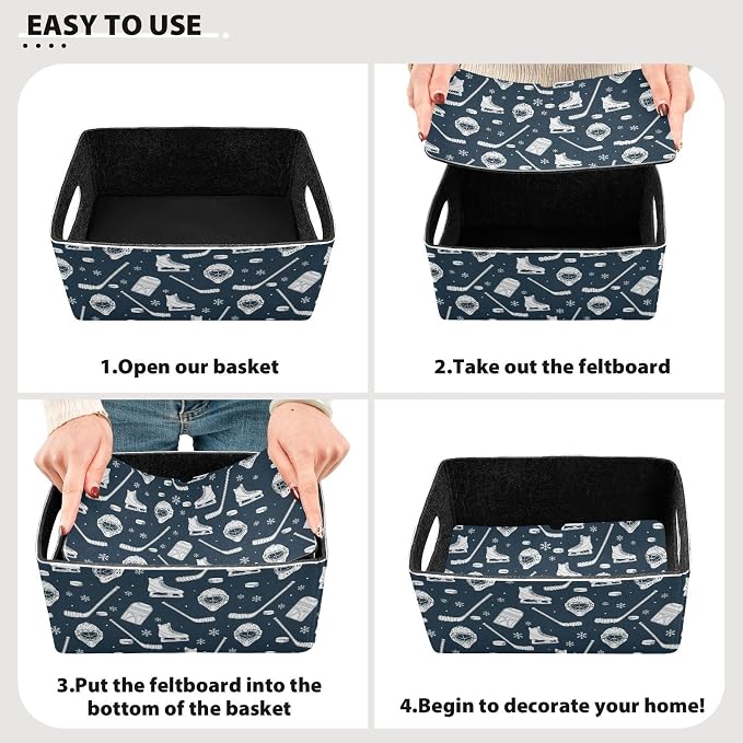 Emelivor Ice Hockey Snow Storage Basket Bins Set (2pcs) Felt Foldable Storage Bins with Handles Foldable Shelf Drawers Organizers for Nursery,Kids Room,Clothes,Towels,Magazine