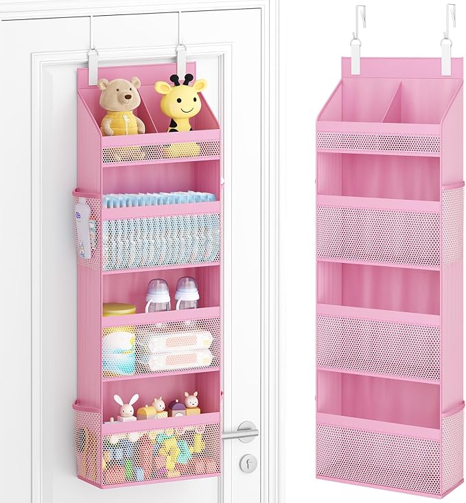 Lifewit 4 Tier Over the Door Organizer, Diaper Hanging Storage, Pink | Nursery Sturdy Large Heavy Duty Back of Door Shelf with 4 Mesh Side Pockets, for Baby Stuff Toy in Pantry, Laundry, Bathroom