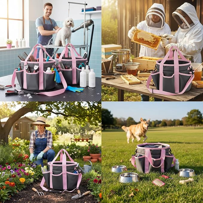 Abbylike Grooming Tote,Stylish,10.63 x 10.63 x 9.45 Inch,Grey and Pink | Tote Bag for Horses and Dogs, Organize Tack Tools Equestrian Grooming Kit, Care Portable with Multiple Pockets for Supplies