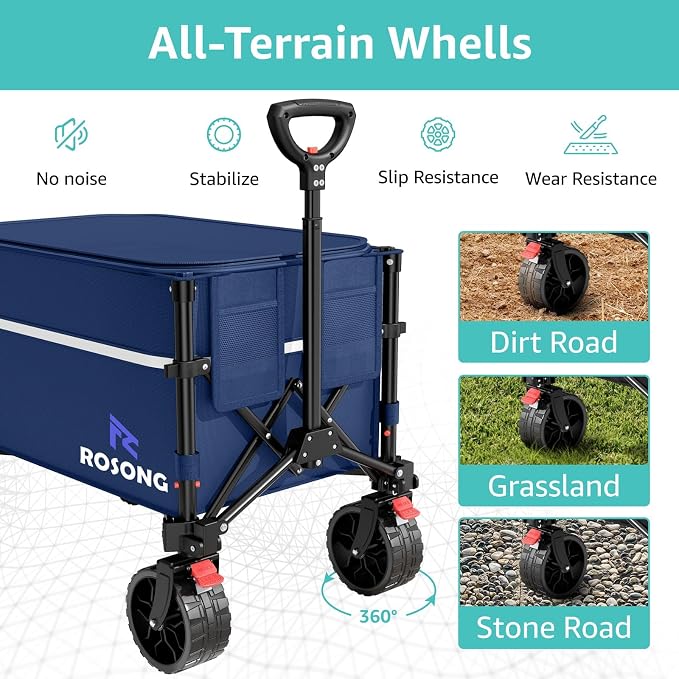 ROSONG Collapsible Wagon Cart with Wheels Foldable - Folding Utility Heavy Duty Wagons Carts for Grocery Sports Garden Shopping Camping Wheelbarrows (120L Dark Blue with Lid)