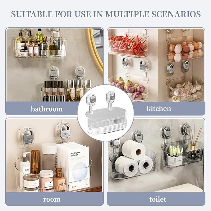 No-Drill Wall Mount Storage Box with Wave-Grip Suction Cups | Transparent PET construction.Tool‑free wall caddy,compact storage for cosmetics & toiletries in bathroom