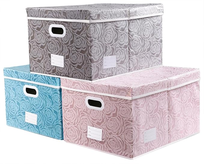 Extra Large Collapsible Storage Cubes with Lids Fabric Decorative Storage Bins Boxes Organizer Baskets with Cover Handles for Bedroom Closet Living Room 19.6x15.7x11.8 Inch 3 Pack