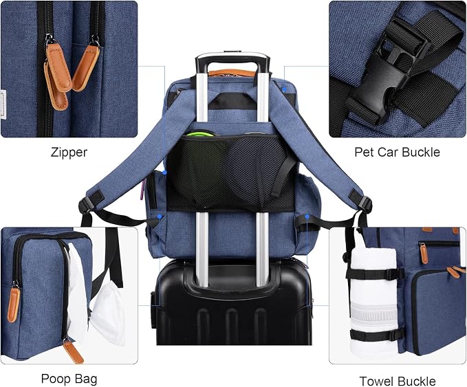Modoker Dog Travel Backpack Set with 2 Food Bags, 2 Bowls and 1 Mat, Blue | Water-Resistant Oxford Fabric | Roomy Main Compartment | Multiple Functional Pockets | Stroller Strap | Leak-Resistant Lining
