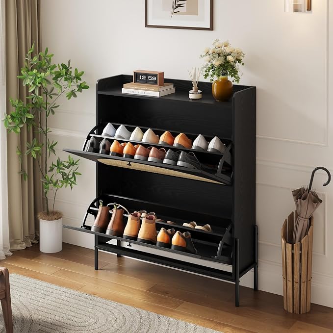 Rattan Shoe Cabinet Storage,Narrow Shoe Rack for Entryway with 2 Flip Drawers, Freestanding Wooden Shoe Organizer Cabinet with Metal Legs for Hallway