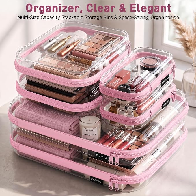 Clear Hard Shell Zipper Case Makeup Storage Organizer Pouches TSA Approved | Travel organizer bags for toiletries, cosmetics, electronics & diaper bins. Multi-size for office, camping, beach & home