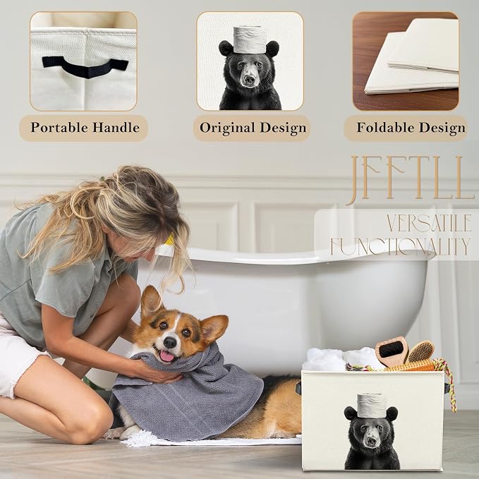 Funny Bear Bathroom Storage Bins Box, Bear Bathroom Decor, Animal Lover Gifts Storage Basket Laundry Hamper with Handle for Bath Room Clothes Vanity Undersink Home Organization