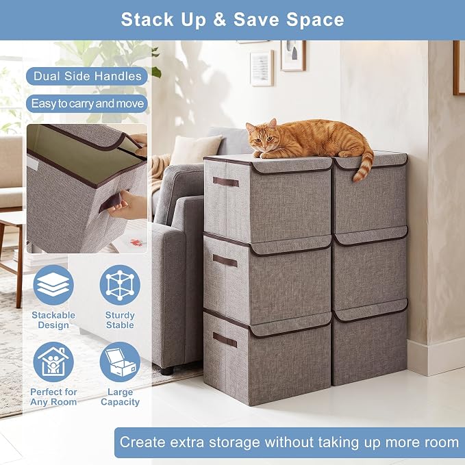 Large 42 Quarts Fabric Storage Bins with Lids [2-Pack] Linen Collapsible Foldable Storage Cubes, Closet Organizer Containers boxes with Handles for Home Office (16.7 x 12 x 12, Gray)
