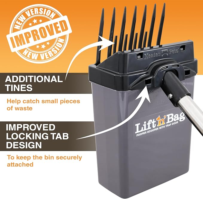 Neater Pet Brands Lift N’ Bag 2.0 Dog Pooper Scooper with Bag Attachment & 22" Pole for Small to Large Dogs, New & Improved Design, 195 Refill Bags, Heavy Duty Dog Poop Scooper for Yard, One-Hand Use