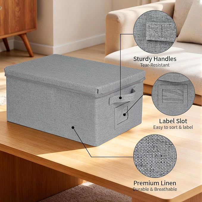 Storage Bins With Lids Closet Organizer Cabinet Box For Clothes,Toys,Shelf | 2 Pack, 17"X 12"X 2", Collapsible, Stackable, Dustproof, Built-In Handle, Label Slot, Linen Fabric, Cardboards, Grey