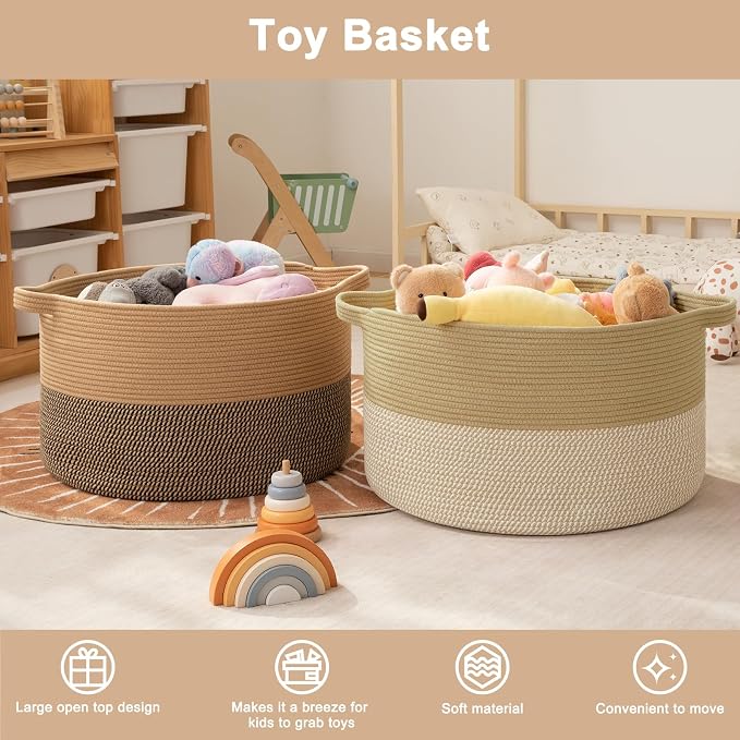 OIAHOMY 115L Extra Large Blanket Basket for Living Room, 23.6" x 15.4" Woven Cotton Rope Laundry Basket for Organizing Pillows, Decorative Stuffed Animal Toy Storage for Nursery, Jute and White