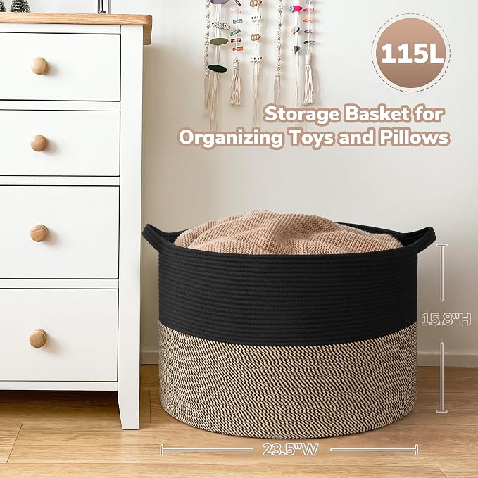 Goodpick 115L Extra Large Storage Basket for Blankets Toys for Nusery Room | 23.5 x 23.5 x 15.8 In Woven Basket for Storage, Kids Toy Storage for Playroom, Laundry Basket for Towels, Black & Mix Jute