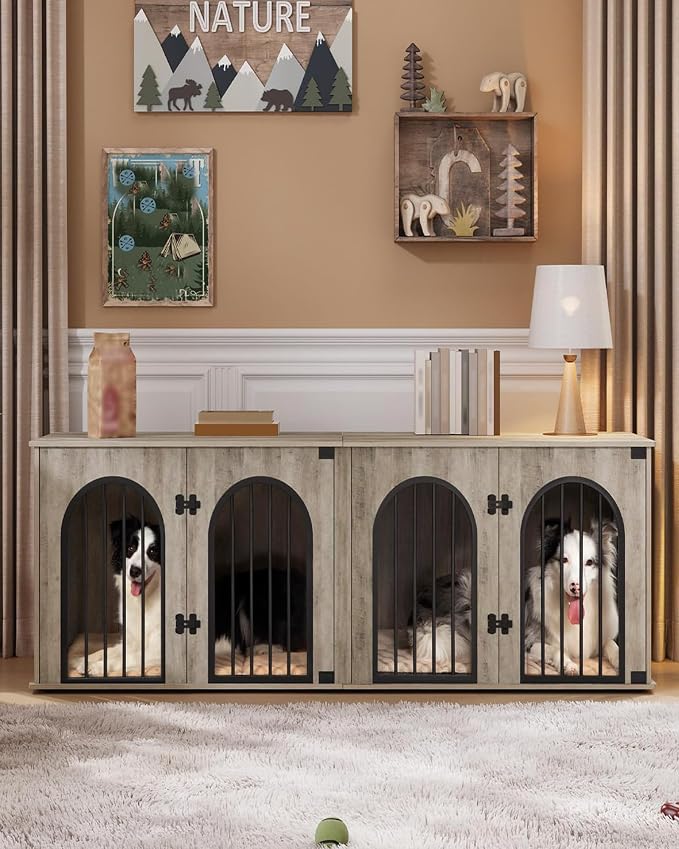 Hzuaneri 70.9" Double Dog Crate Furniture, Dog Kennel Indoor with Cushion | Heavy Duty Dog Crate Furniture for 2 Dogs,Dog Cage End Table TV Stand with Divider for Med-Large Dogs,Greige Black DFC81905B