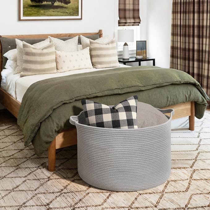 115L Super Large Gray Blanket Basket, 23.6"x15.7" Woven Cotton Rope Storage Basket for Laundry, Towel, Pillow, Oversized Kids Dog Toy Storage Bin, Grey XXXL Blanket Holder for Living Room