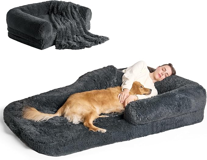 EHEYCIGA Orthopedic Foldable Human Dog Bed - 72x44x11, Dark Grey | Memory Foam Human Sized Dog Bed, Waterproof Pet Bed for People, Faux Fur Pet Couch for Adult with Non-Slip Bottom