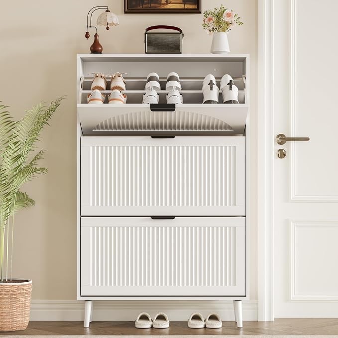 BORNOON Shoe Cabinet for Entryway with 3 Flip Drawers, Slim Wooden Shoe Storage Organizer with Modern Fluted Pannel，Freestanding Narrow Hidden Shoe Rack for Hallway, Foyer, Living Room