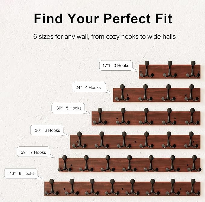 SKOLOO 24-Inch Wood Coat Rack Wall Mount with 5 Triple Hooks - Ideal for Family Entrances, Classrooms, and Pet Supplies Storage - Perfect Coat Hooks for Wall,Mahogany (Sapele), Pack of 2