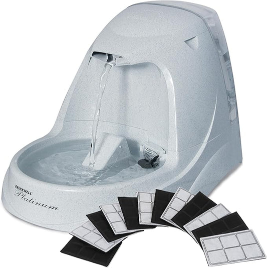 PetSafe Drinkwell Platinum Cat Water Fountain - Pet Fountain for All Pet Sizes, Encourages More Drinking, Includes 12-Pack of Replaceable Carbon Filters, Indoor Use, Grey (168 oz/5L)