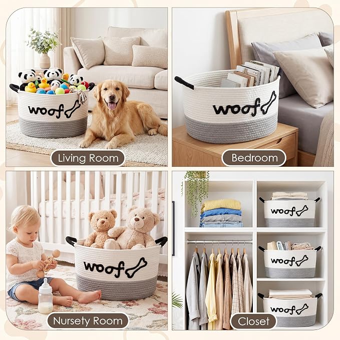 Zhehao Dog Woven Toy Basket with Handles, 15 x 11 x 9 in, White Gray | Cotton Rope Dog Toy Storage Bin, Pet Basket with Woof Bone Embroidery, for Puppy Bone & Blankets