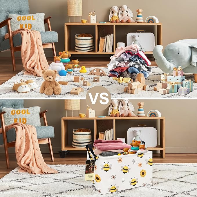 Rectangle Foldable Storage Basket Handles For Home, Bee | Waterproof canvas material, reinforced handles, perfect for shelf use, organizes clothes, daily items and pet supplies