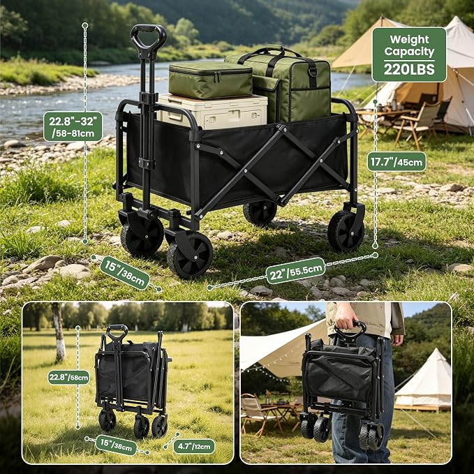 REDCAMP Collapsible Wagon with Wheels, 220lbs Foldable Wagon Cart | Portable Utility Wagon Cart with All Terrain Wheels for Outdoor, Sports, Shopping, Pet, Grocery, Beach, Camping, Black