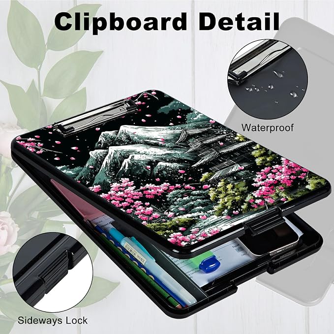 Heavy Duty Storage Clipboard, Slim Nursing Clipboard with Internal Pen Case, Portable File Organizer Case for A4 Letter Size Paper Office Medical Professionals, Sakura Dark Mountain Range